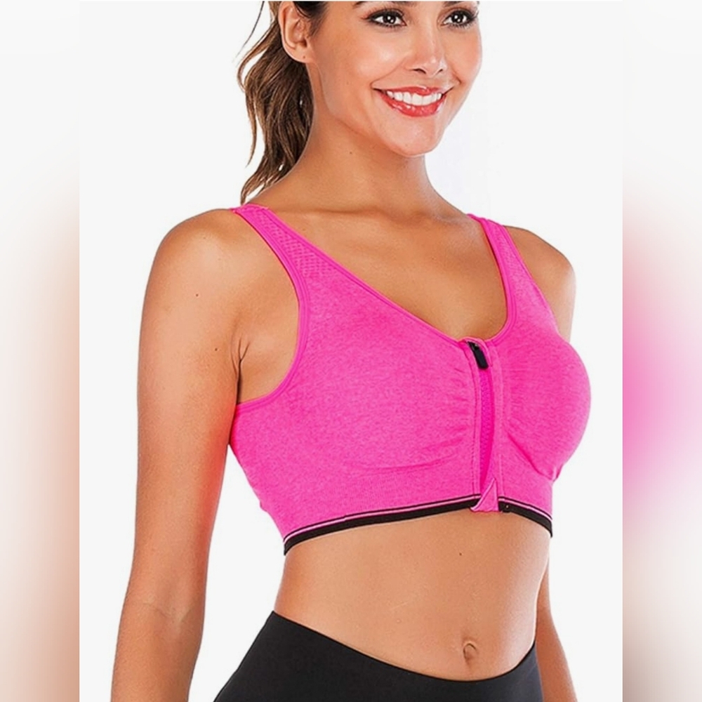 Zip Front Sports Bra Heather Pink Seamless Wirefree Bra Padded Yoga Medium